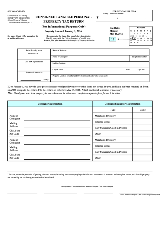 Form 62a500 - C - Consignee Tangible Personal Property Tax Return Printable pdf