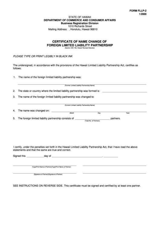 Fillable Form Fllp-2 - Certificate Of Name Change Of Foreign Limited Liability Partnership Printable pdf