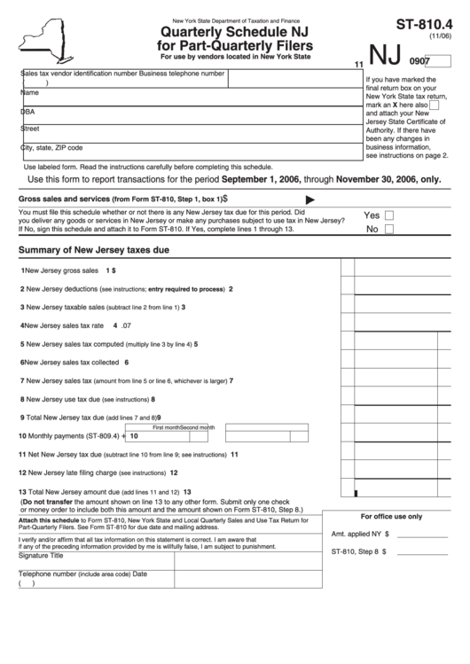 Form St-810.4 - Quarterly Schedule Nj For Part-Quarterly Filers Printable pdf