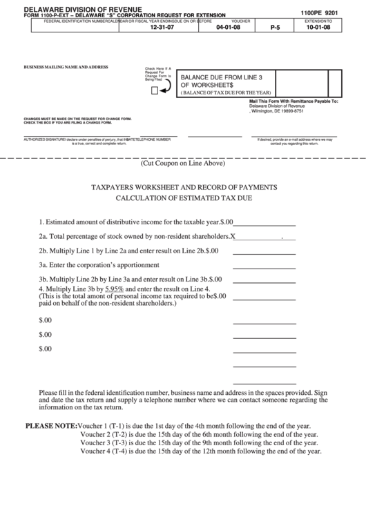 Fillable Form 1100-P-Ext - Delaware "S" Corporation Request For Extension - 2007 Printable pdf