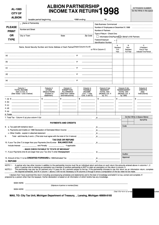 Fillable Form Al-1065 - Albion Partnership Income Tax Return - 1998 Printable pdf