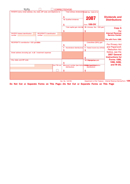Form 1099-Div - Dividends And Distributions - 2007 Printable pdf