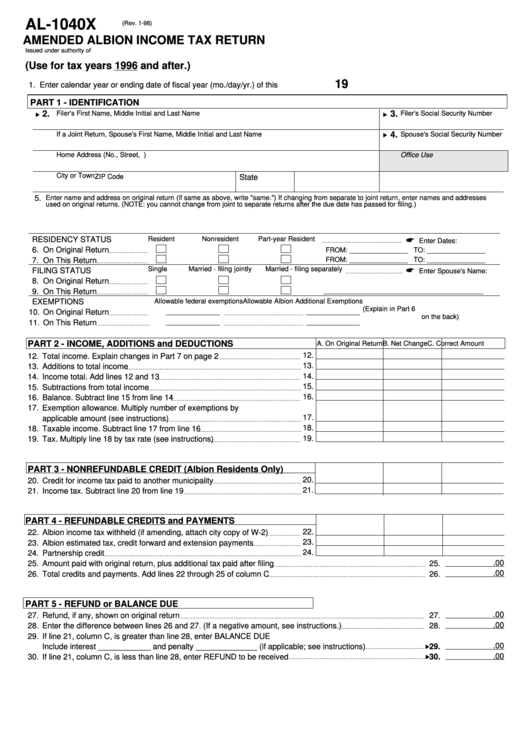 Fillable Form Al-1040x - Amended Albion Income Tax Return - 1996 Printable pdf
