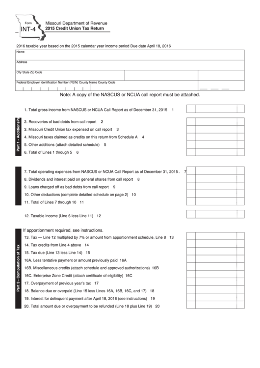 Fillable Form Int-4 - Credit Union Tax Return - 2015 Printable pdf