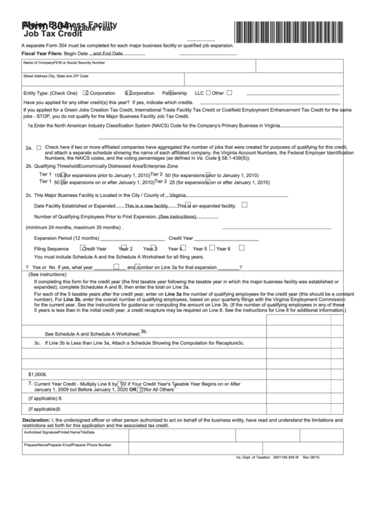 Fillable Form 304 - Major Business Facility Job Tax Credit Printable pdf