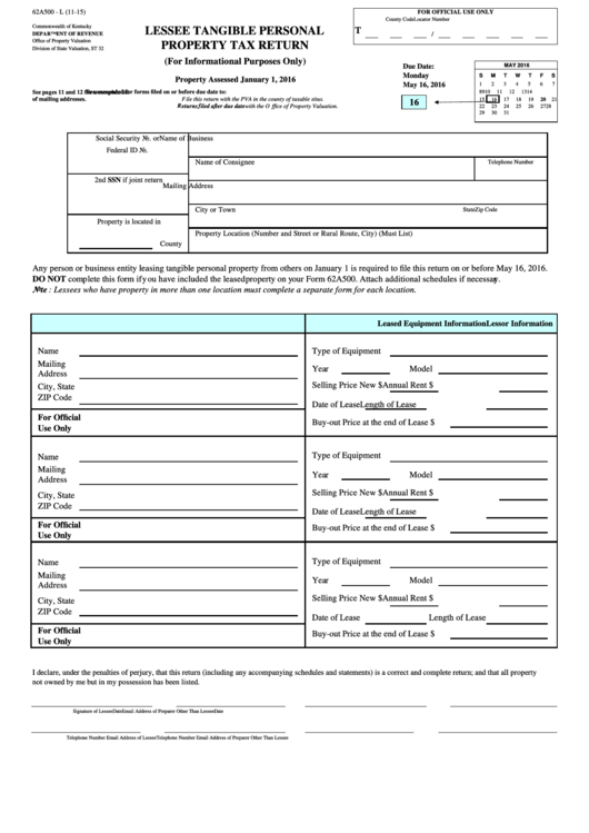 Form 62a500 - L - Lessee Tangible Personal Property Tax Return Printable pdf