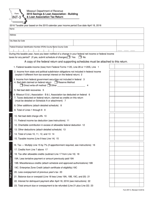 Fillable Form Int-3 - Savings And Loan Association - Building And Loan Association Tax Return - 2015 Printable pdf