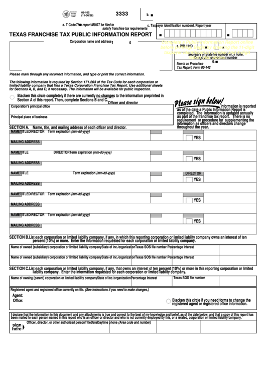 Fillable Form 05-102 - Texas Franchise Tax Public Information Report Printable pdf