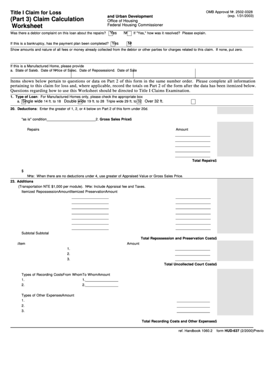 Fillable Form Hud-637 - Claim Calculation Worksheet - U.s. Department Of Housing And Urban Development Printable pdf
