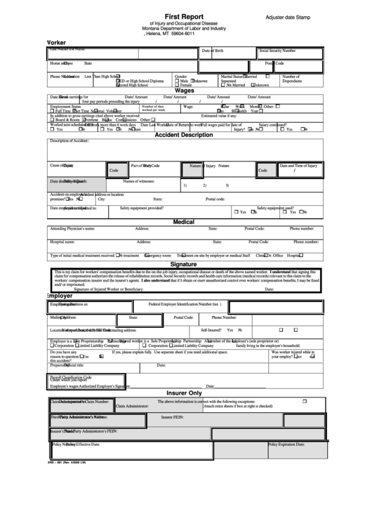 Form Erd - 991 - First Report Of Injury And Occupational Disease Printable pdf