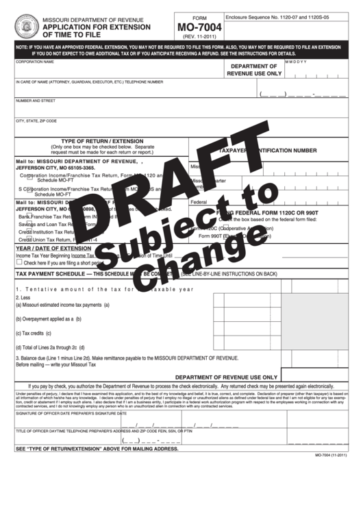 Form Mo-7004 Draft - Application For Extension Of Time To File Printable pdf