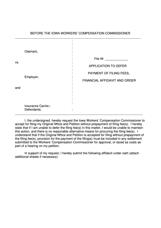 Form 14-0075 - Application To Defer Payment Of Filing Fees, Financial Affidavit And Order Printable pdf