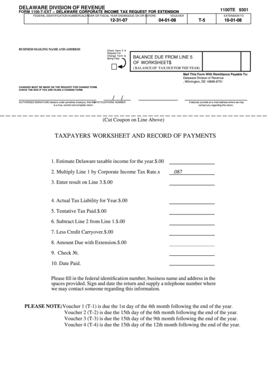 Fillable Form 1100te - Delaware Corporate Income Tax Request For Extension - 2007 Printable pdf