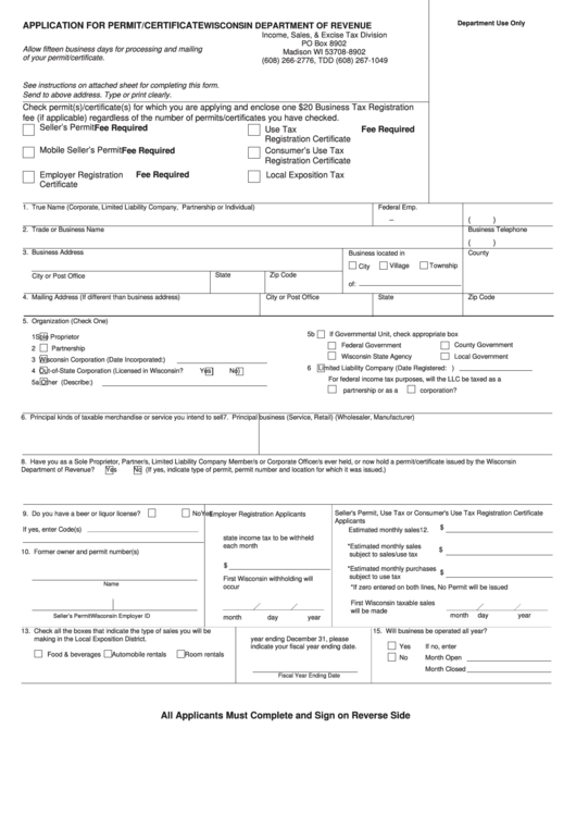 Fillable Application For Permit/certificate - Wisconsin Department Of Revenue Printable pdf