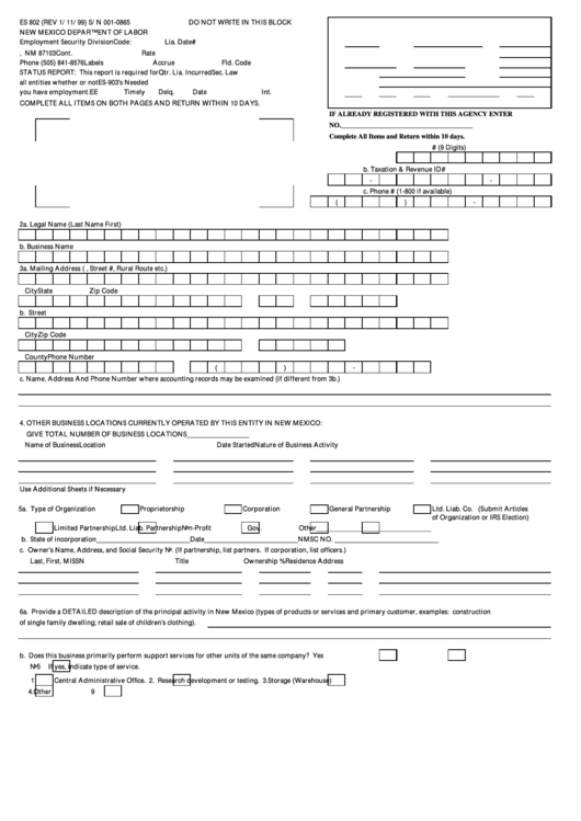 Form Es 802 - Status Report Printable pdf
