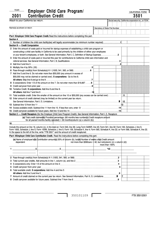 California Form 3501 - Employer Child Care Program/ Contribution Credit - 2001 Printable pdf