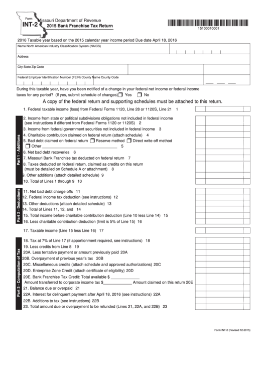 Fillable Form Int-2 - Bank Franchise Tax Return - 2015 Printable pdf