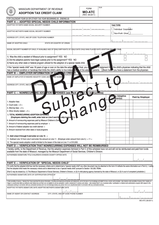 Form Mo-Atc - Adoption Tax Credit Claim - 2011 Printable pdf