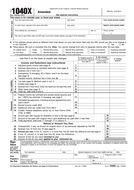 Fillable Form 1040x - Amended U.s. Individual Income Tax Return ...