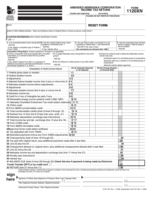 Fillable Form 1120xn Amended Nebraska Corporation Tax Return