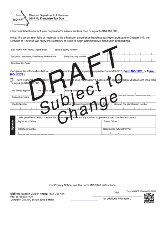 Form Mo-Nft - No Franchise Tax Due - 2014 Printable pdf