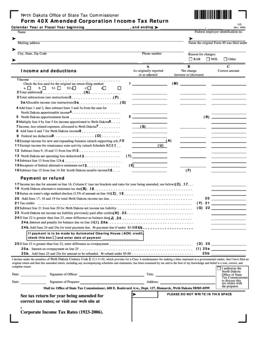 Fillable Form 40x - Amended Corporation Income Tax Return Printable pdf