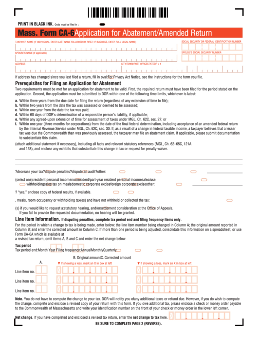 Mass. Form Ca-6 - Application For Abatement/amended Return Printable pdf