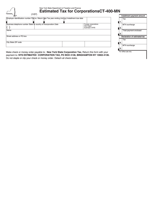 Fillable Form Ct-400-Mn - Estimated Tax For Corporations Printable pdf