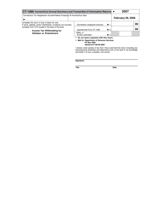 Form Ct-1096 - Connecticut Annual Summary And Transmittal Of Information Returns - 2007 Printable pdf