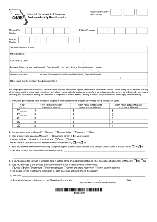 Fillable Form 4458 - Business Activity Questionnaire - 2016 Printable pdf