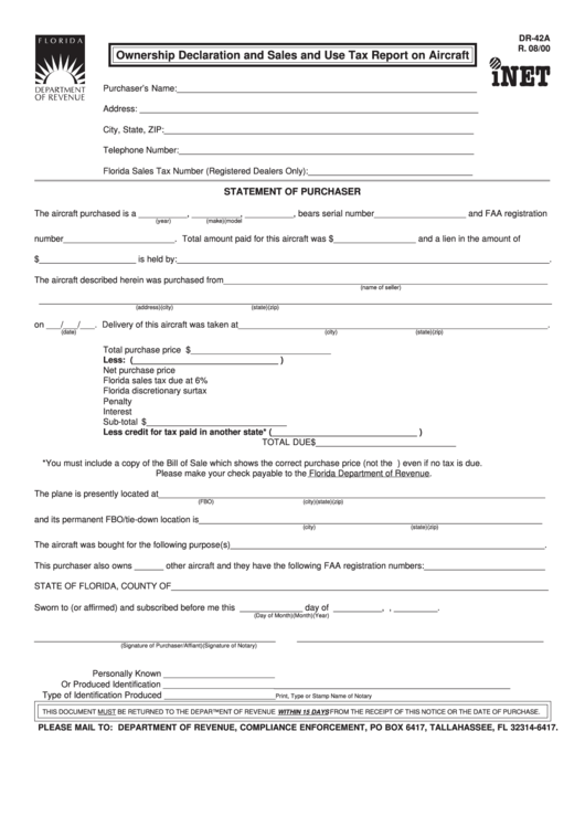 Form Dr-42a - Ownership Declaration And Sales And Use Tax Report On Aircraft Printable pdf