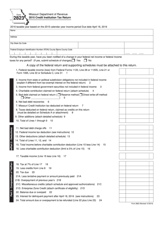 Fillable Form 2823 - Credit Institution Tax Return - 2015 Printable pdf