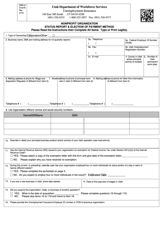 Dws-Ui Form1n - Nonprofit Organization Status Report & Election Of Payment Method - Utah Department Of Workforce Services Printable pdf