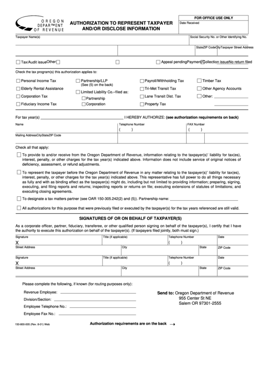 Form 150-800-005 - Authorization To Represent Taxpayer And/or Disclose Information - Oregon Department Of Revenue Printable pdf