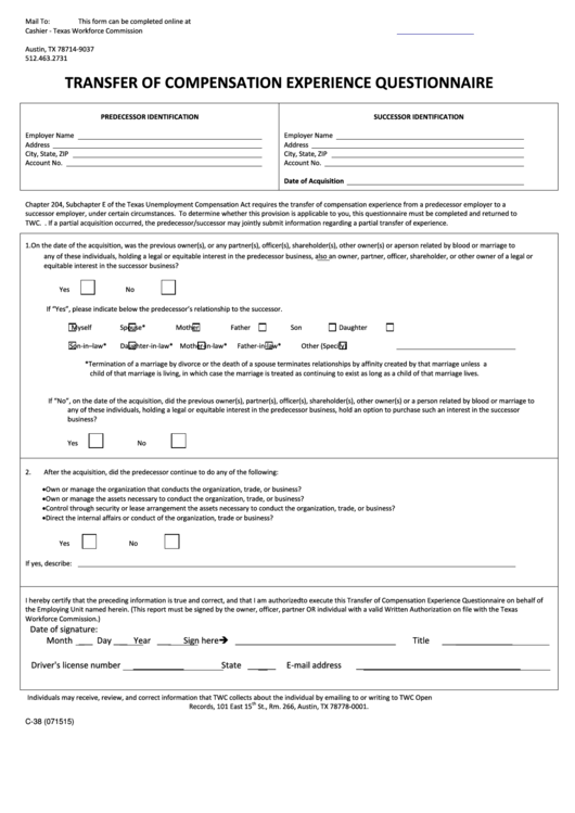 Fillable Form C-38 - Transfer Of Compensation Experience Questionnaire Printable pdf