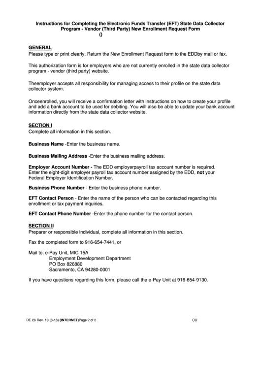 Instructions For Form De 26 - Vendor (Third Party) New Enrollment Request Printable pdf