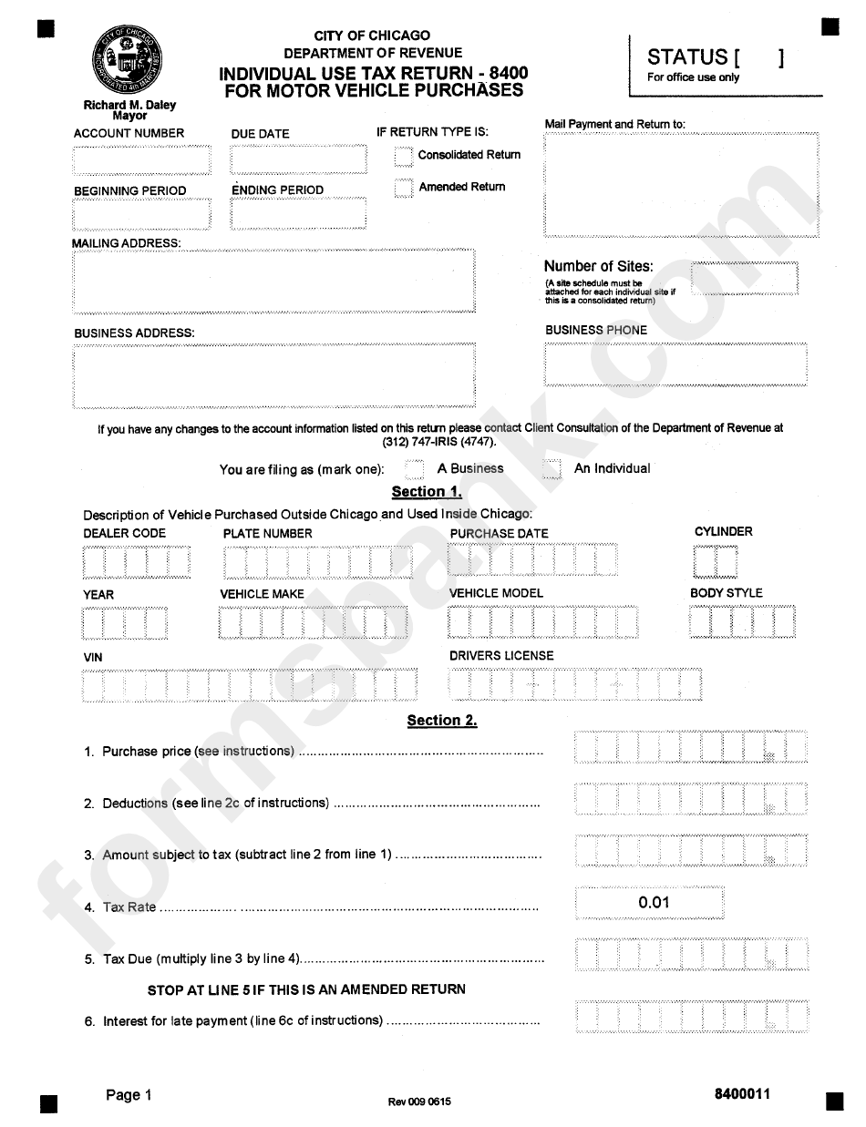 Form 8400 - Individual Use Tax Return For Motor Vehicle Purchases - City Of Chicago