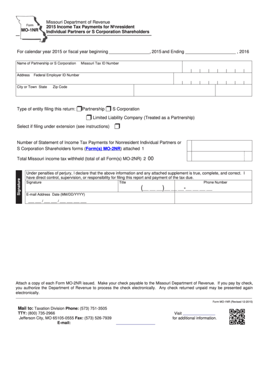 Fillable Form Mo-1nr - Income Tax Payments For Nonresident Individual Partners Or S Corporation Shareholders - 2015 Printable pdf