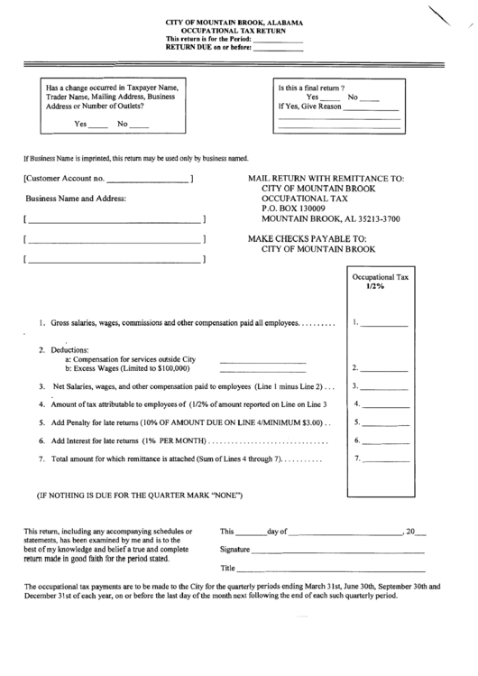 Occupational Tax Return - City Of Mountain Brook Printable pdf