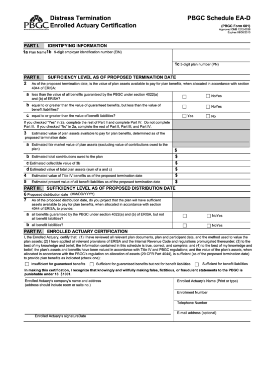 Pbgc Schedule Ea-D (Pbgc Form 601) - Distress Termination Enrolled Actuary Certification Printable pdf