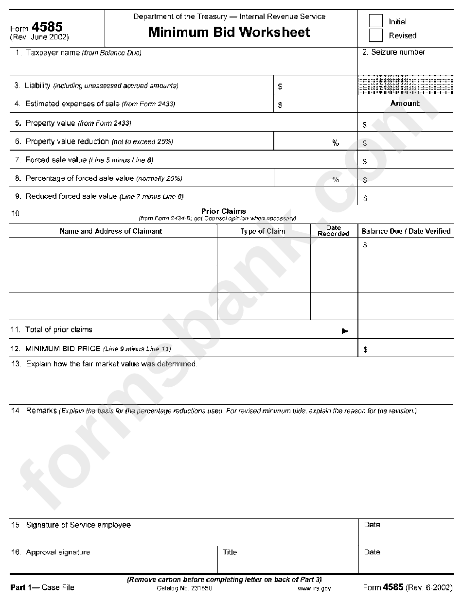 Form 4585 - Minimum Bid Worksheet