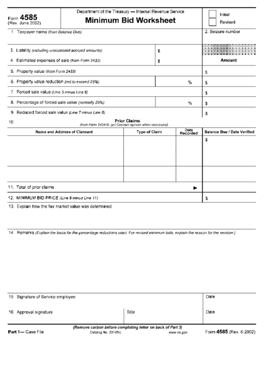 Form 4585 - Minimum Bid Worksheet Printable pdf