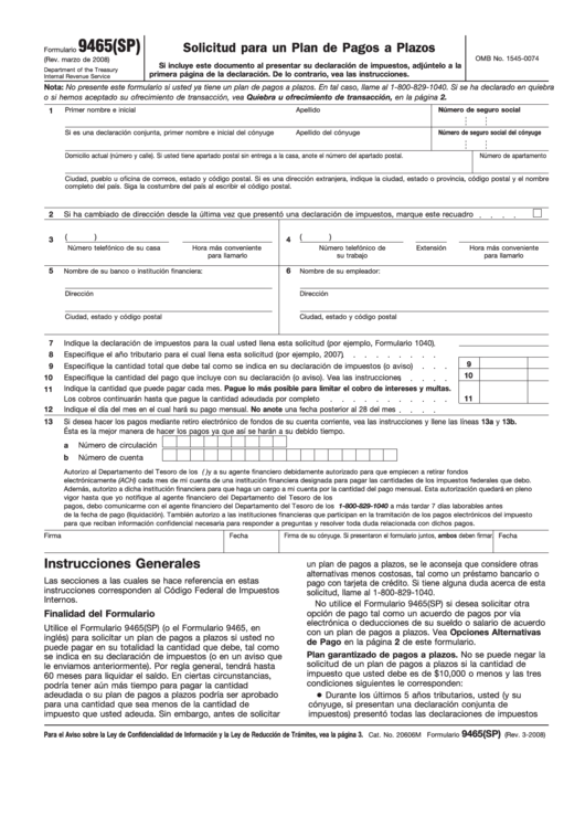 Fillable Formulario 9465(Sp) - Solicitud Para Un Plan De Pagos A Plazos Printable pdf