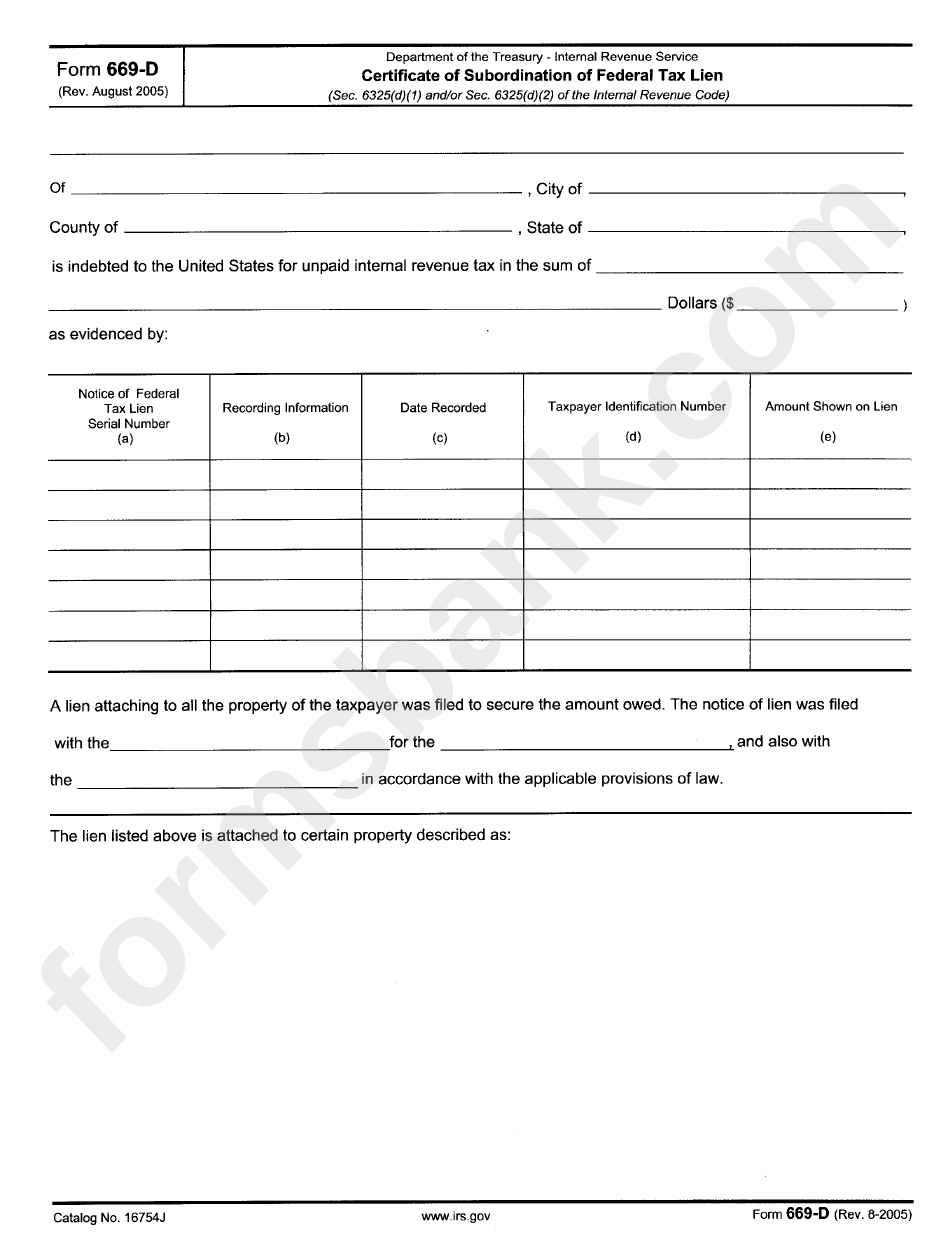 Form 669-D - Certificate Of Subordination Of Federal Tax Lien