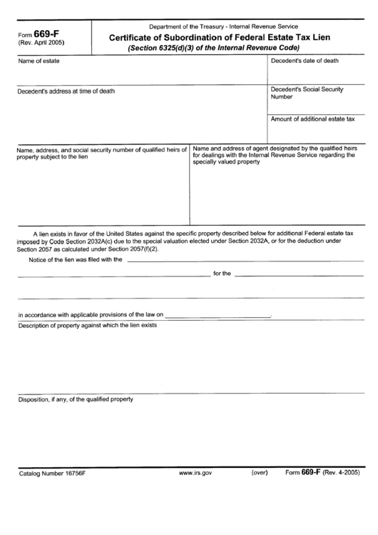 Form 669-F - Certificate Of Subordination Of Federal Estate Tax Lien Printable pdf