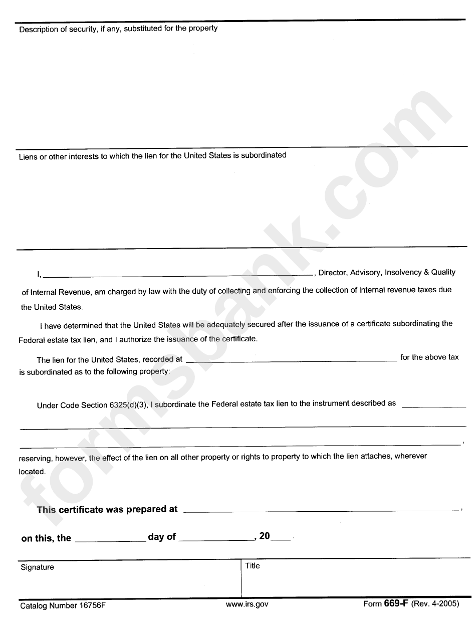 Form 669-F - Certificate Of Subordination Of Federal Estate Tax Lien