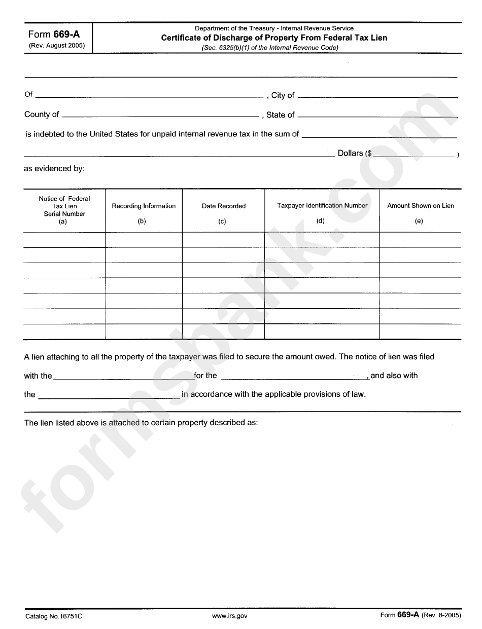 Form 669-A - Certificate Of Discharge Of Property From Federal Tax Lien