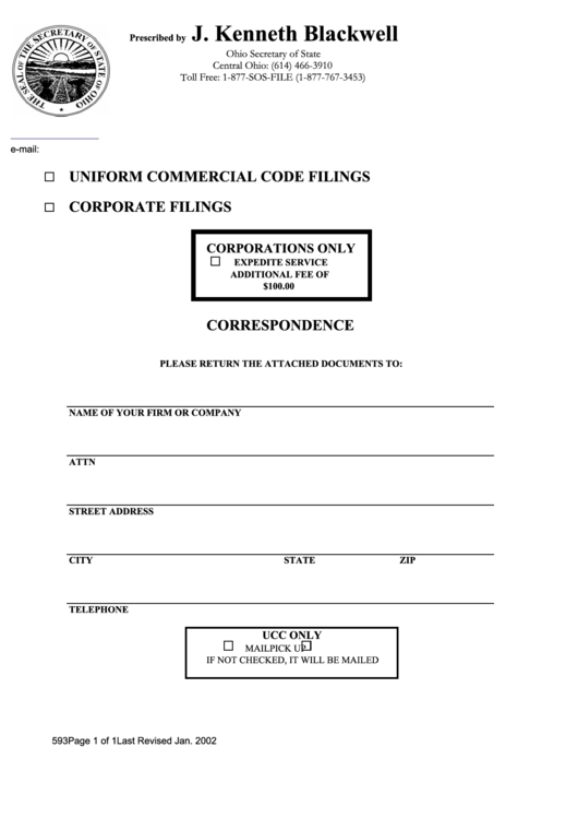 Fillable Form 593 - Correspondence - Ohio Secretary Of State Printable pdf