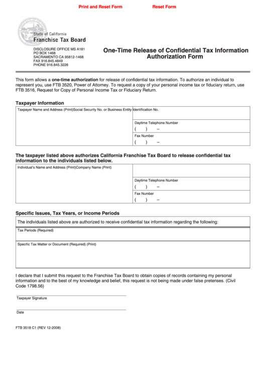 Fillable Form Ftb 3518 - One-Time Release Of Confidential Tax Information Authorization Form Printable pdf