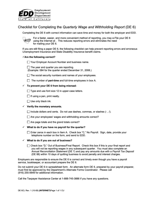 Form De 6cl - Checklist For Completing The Quarterly Wage And Withholding Report Printable pdf